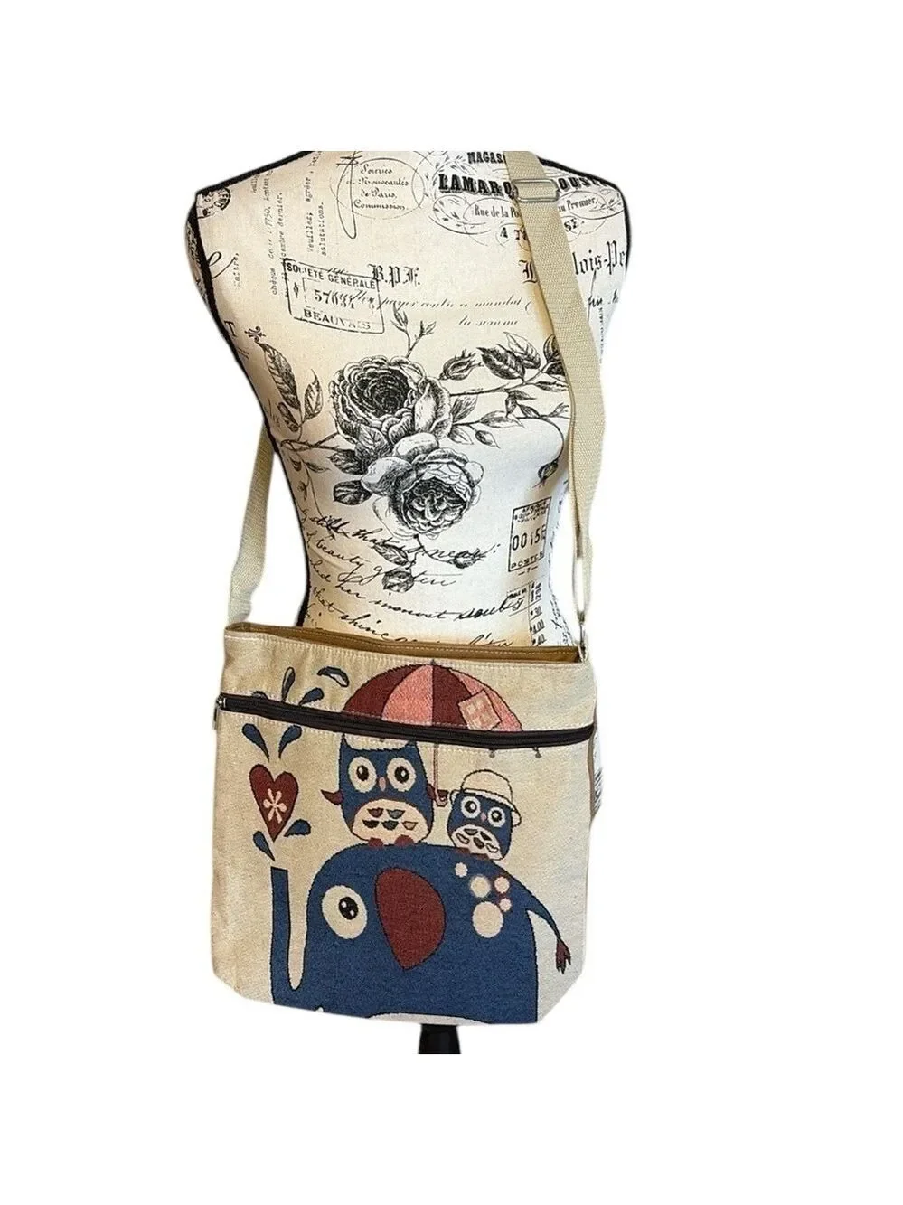 Owl and Elephant Tapestry Crossbody Cream and Blue